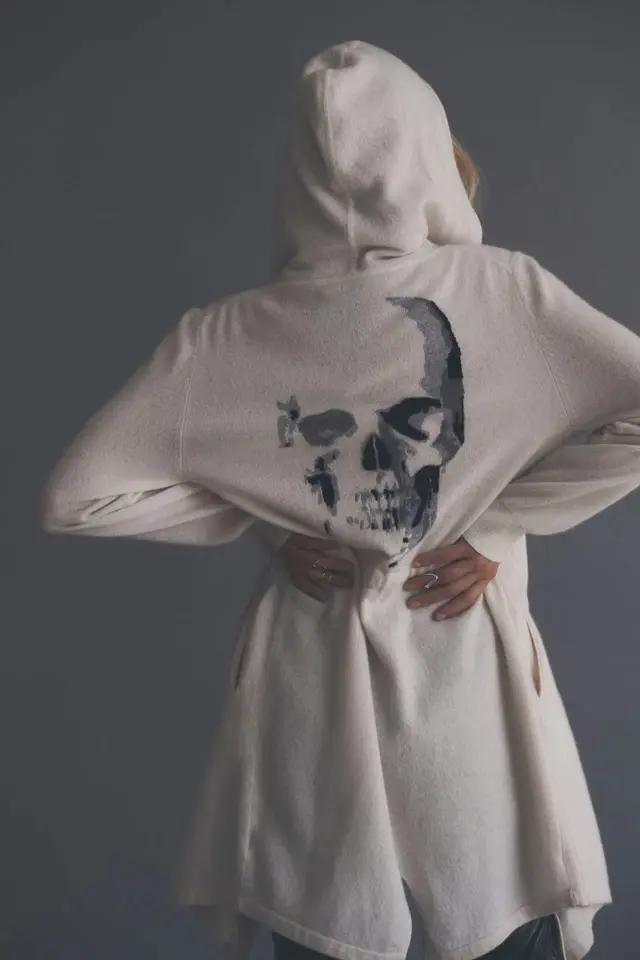 Thumbnail: SKULL CASHMERE Hooded Drawstring Cardigan Large Avalon Chalk Skull Print NWT