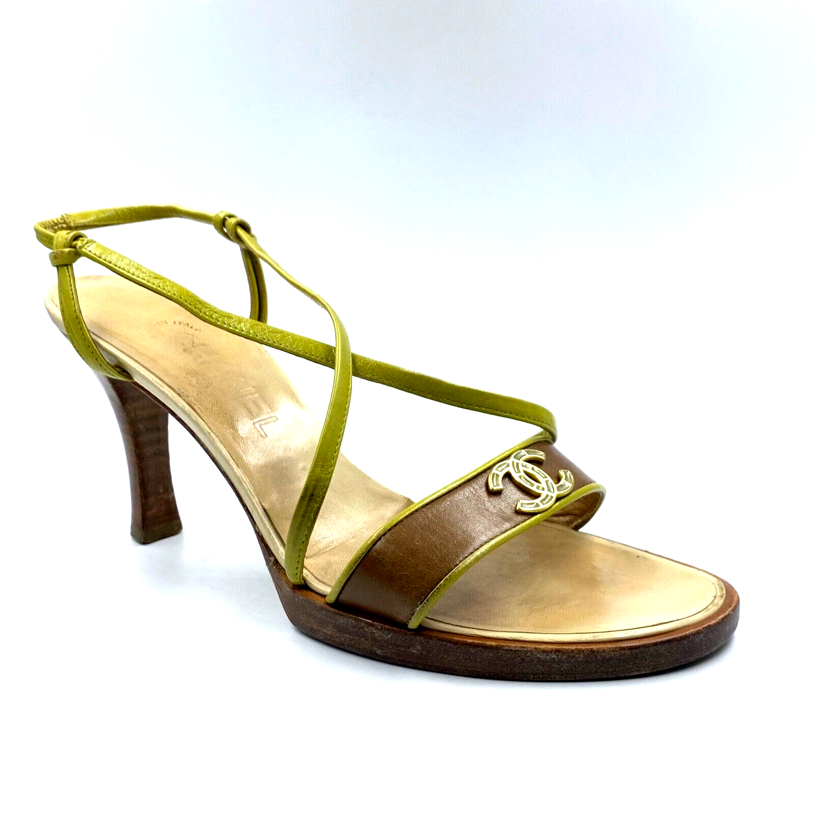 Vintage CHANEL Olive Green Brown Leather CC Logo Kitten Heel 39.5 8.5
