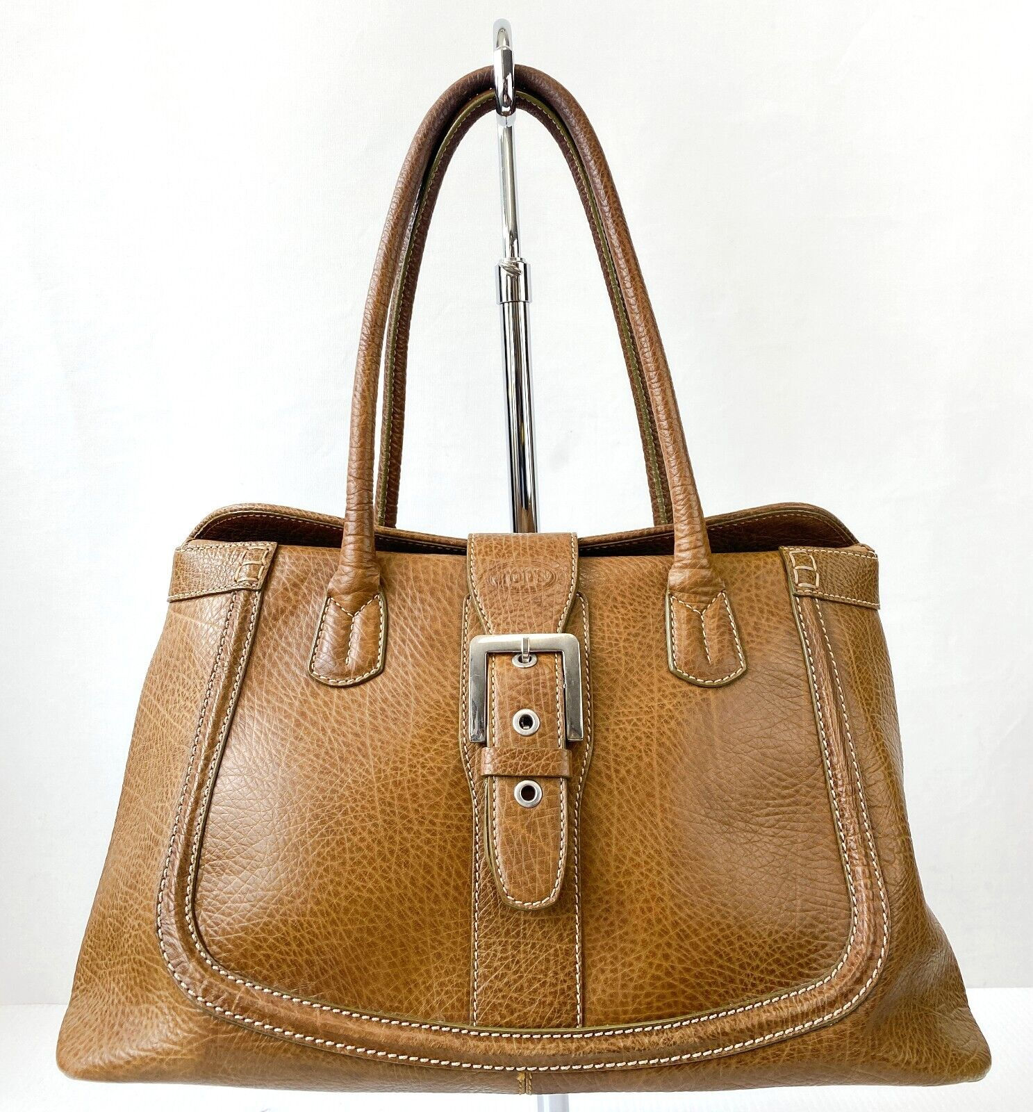 TOD'S Tan Brown Logo Buckle Silvertone HW Pebbled Leather Satchel