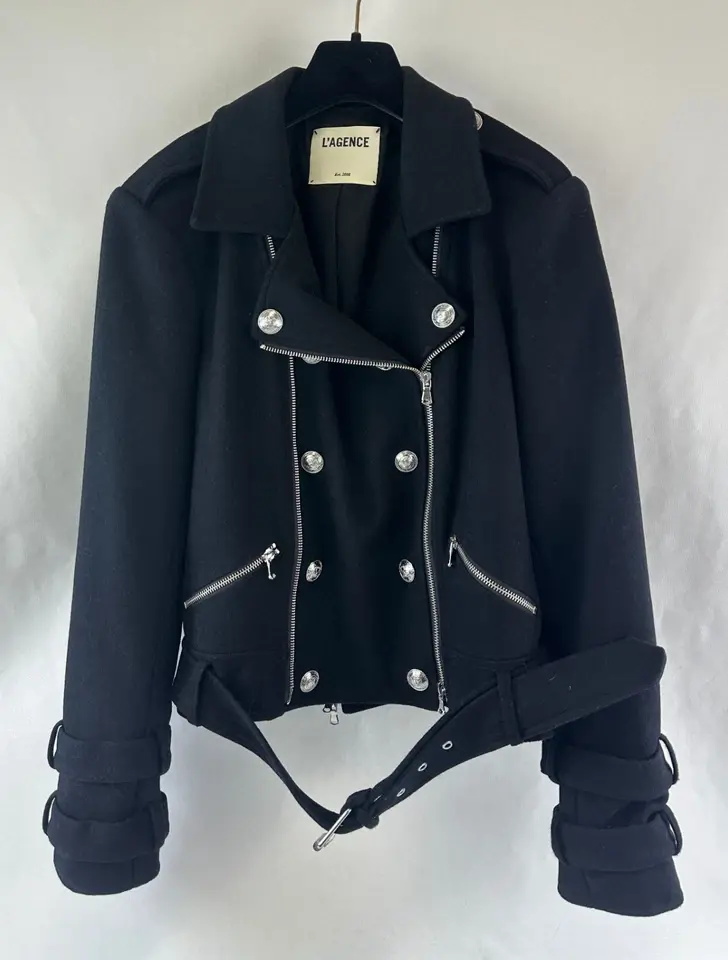 Miniatura: L’AGENCE Billie Belted Biker Jacket Large Black Button Embellished Wool Blend