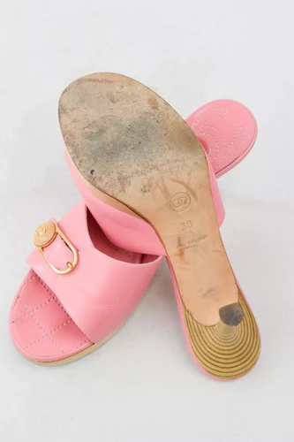 CHANEL Leather Open Toe Mules Heels 38 7 Pink Buckle CC Logo 2004