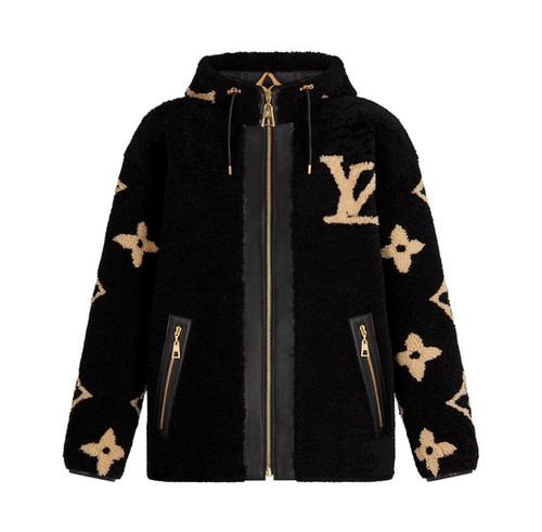 LOUIS VUITTON Black Noir Macro Monogram Flower Shearing Jacket 38