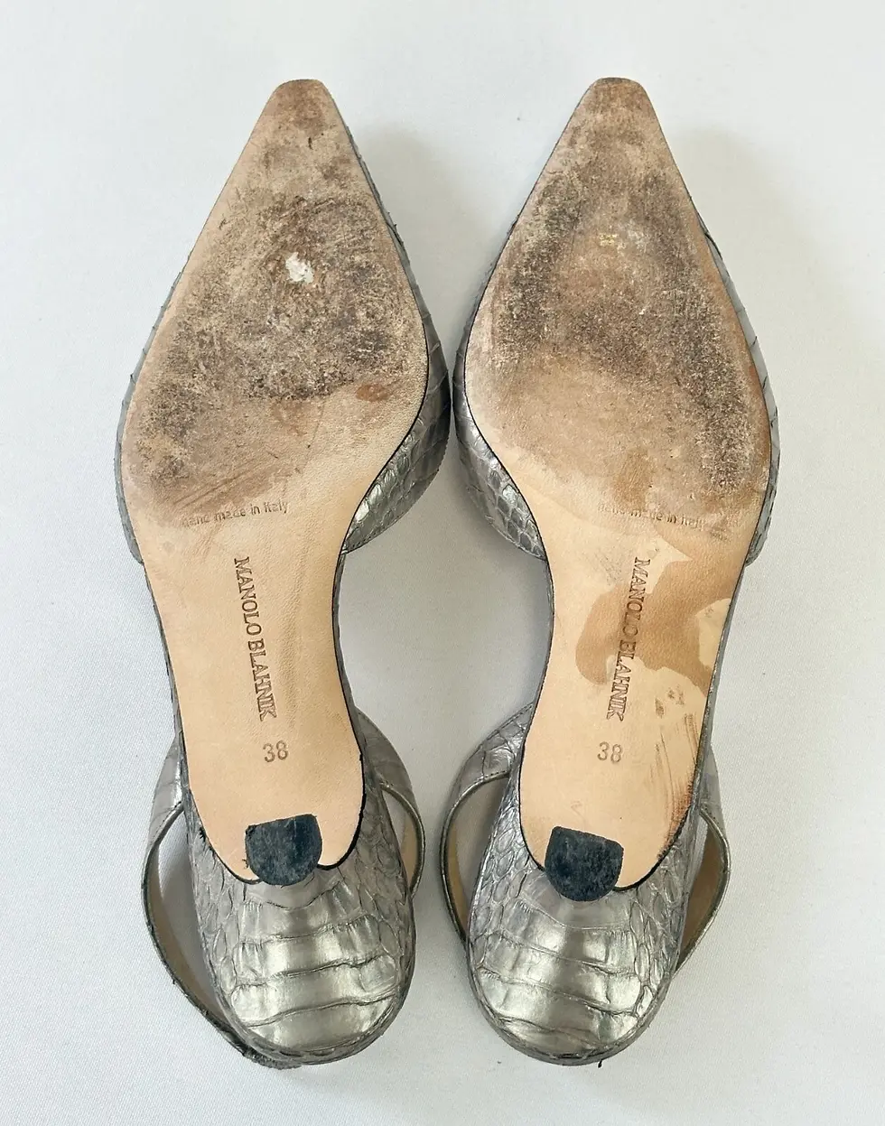 Miniatura: MANOLO BLAHNIK Snakeskin Sling Back Heels 38 Metallic Gray Embellished Shoes