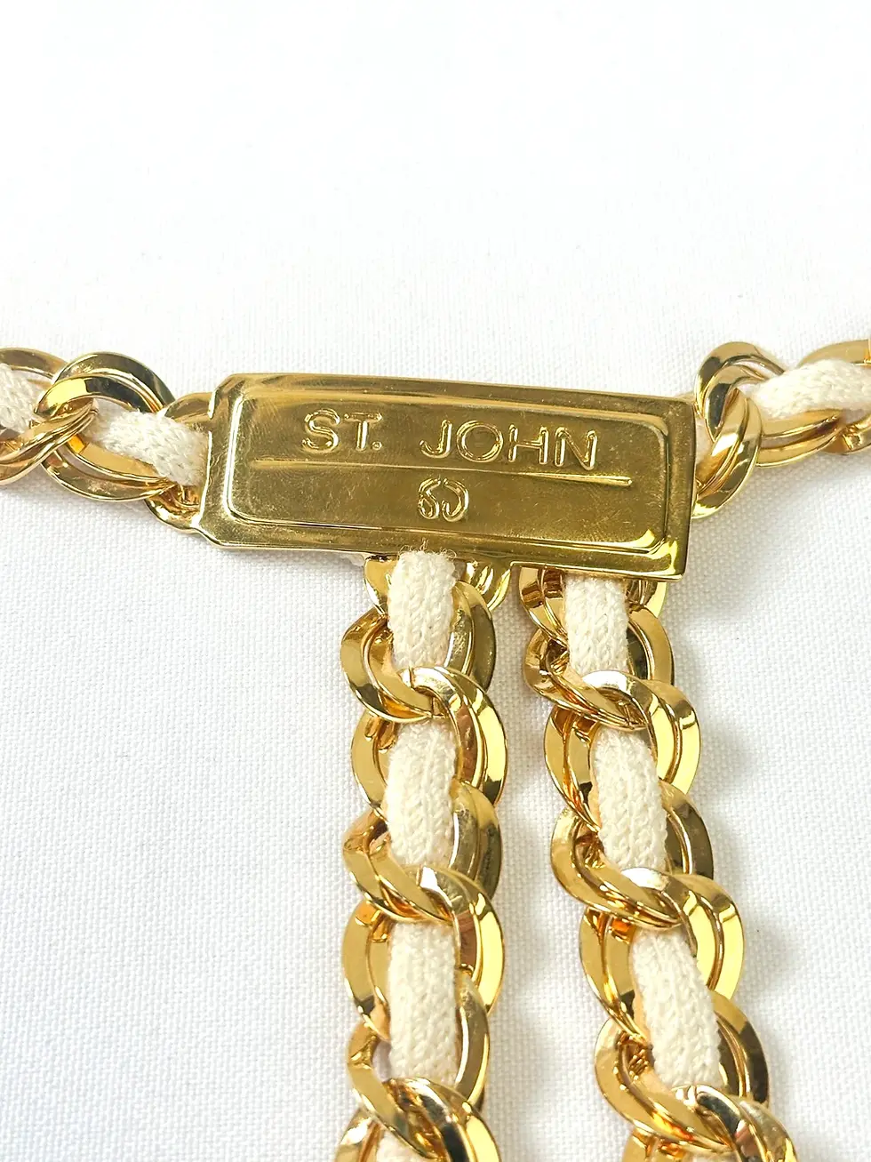 Thumbnail: ST. JOHN Vintage Gold White Logo Chain Belt Knit 24 K Gold Plated Signed