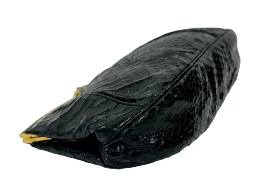 Hình thu nhỏ: JUDITH LEIBER Snakeskin Leather Clutch Bag Small Black Gold Multi Stones