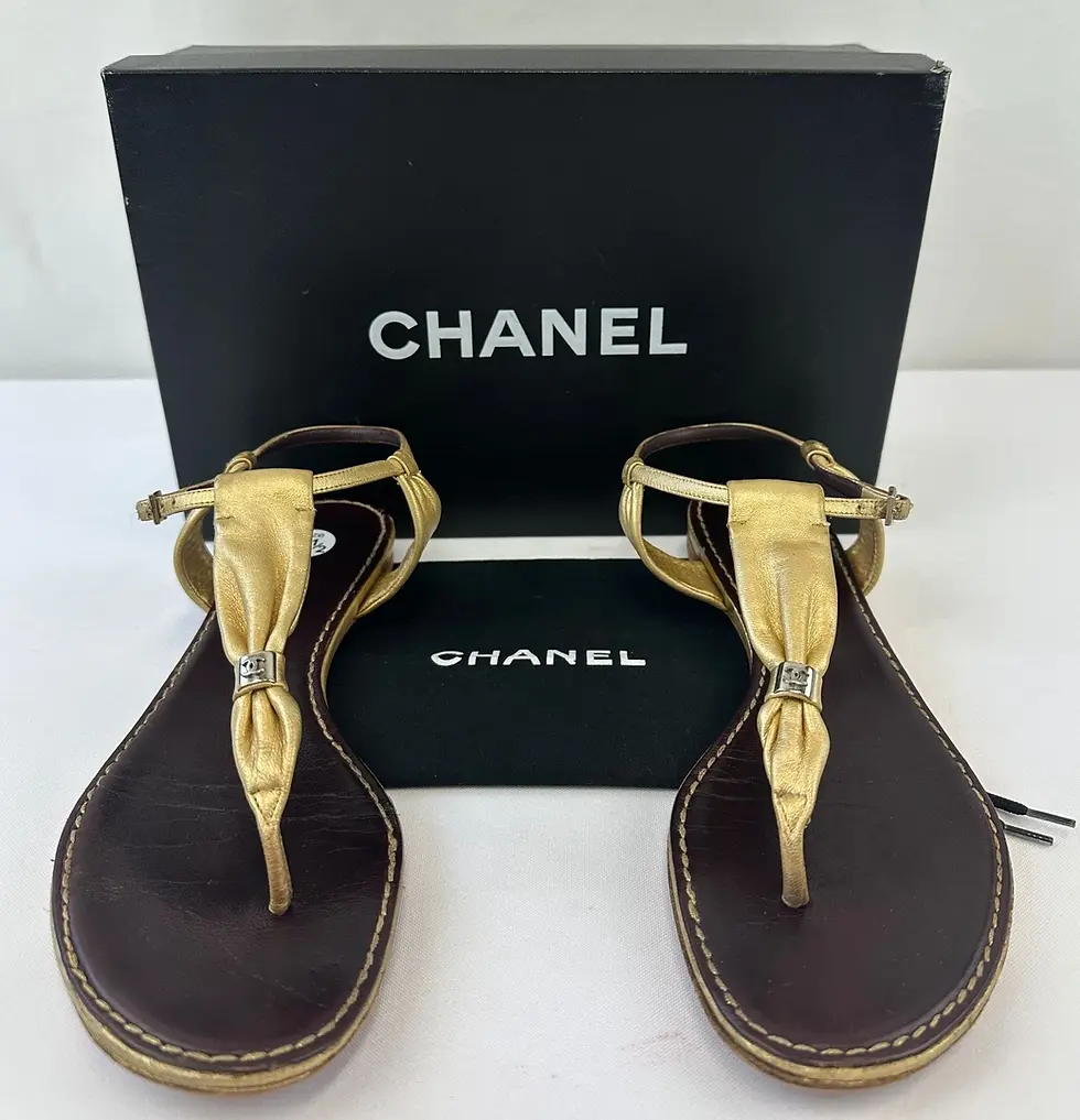 Thumbnail: CHANEL Thong Sandals 37.5 Metallic Gold Silver CC Logo Vintage Spring 2006 RARE