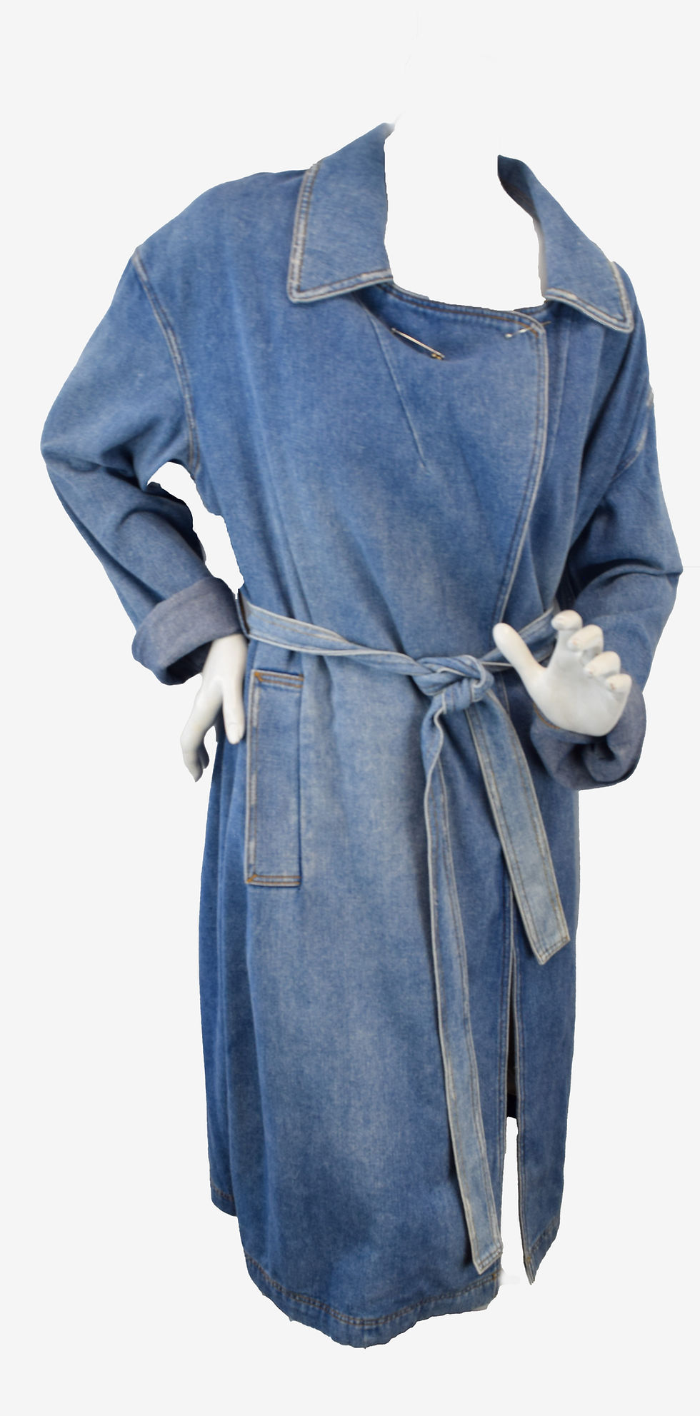 Thumbnail: ROBERT RODRIGUEZ Cotton Oversized Blue Denim Trench Coat Large Belted L NEW