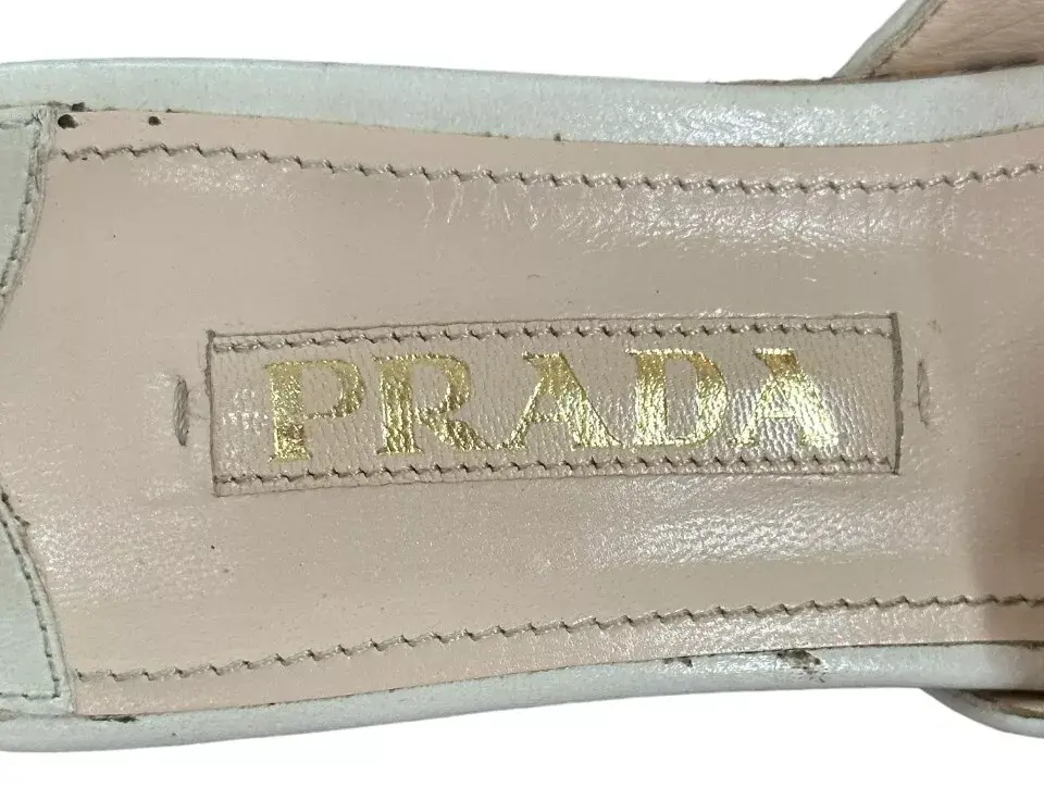 Hình thu nhỏ: PRADA White Striped Wooden Tortoise Platforms Buckle Slip On Sandals 37.5 US 7.5