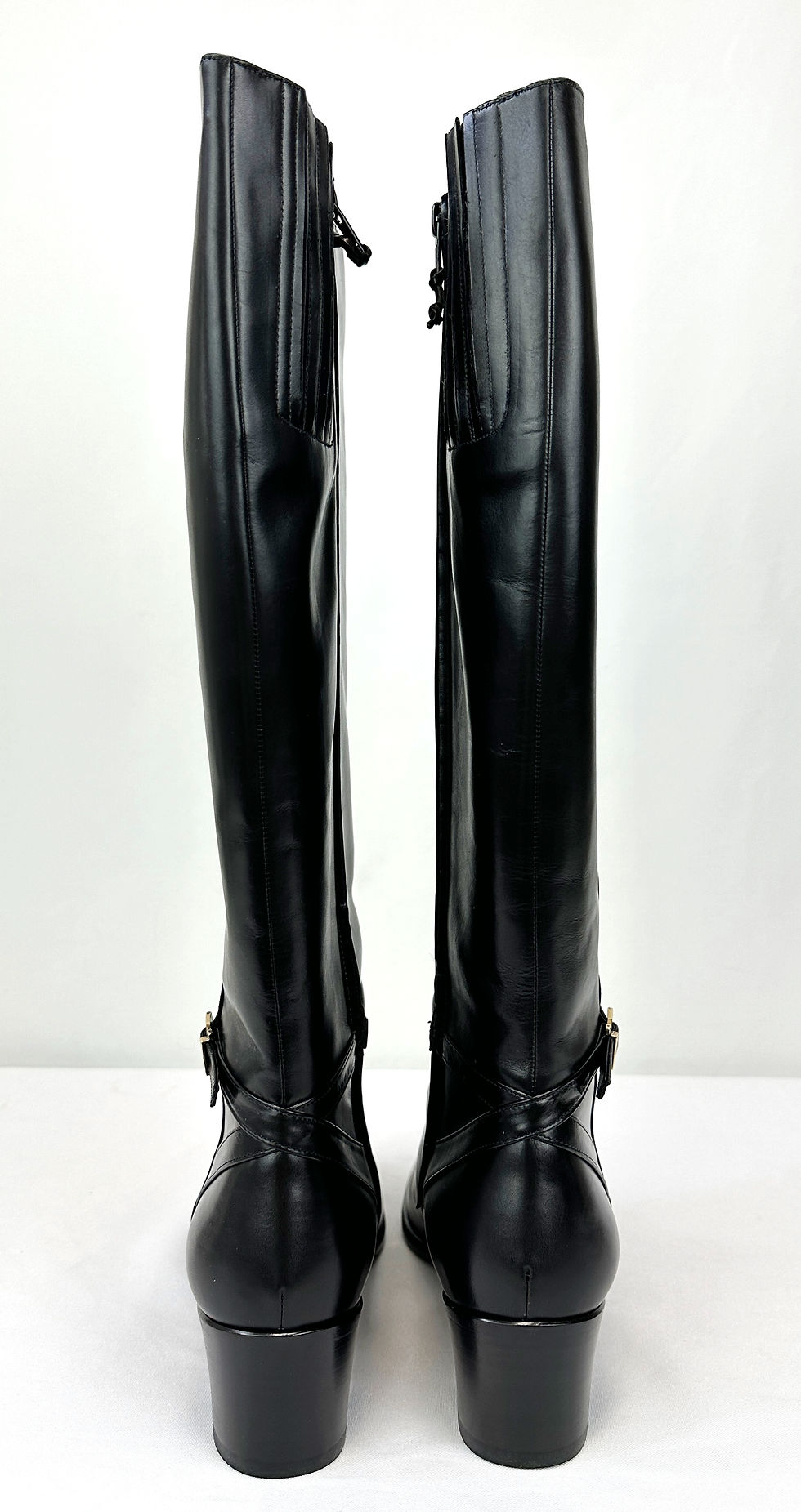 Hình thu nhỏ: SALVATORE FERRAGAMO Black Leather Gold Buckle Tall Knee High Boots 9.5