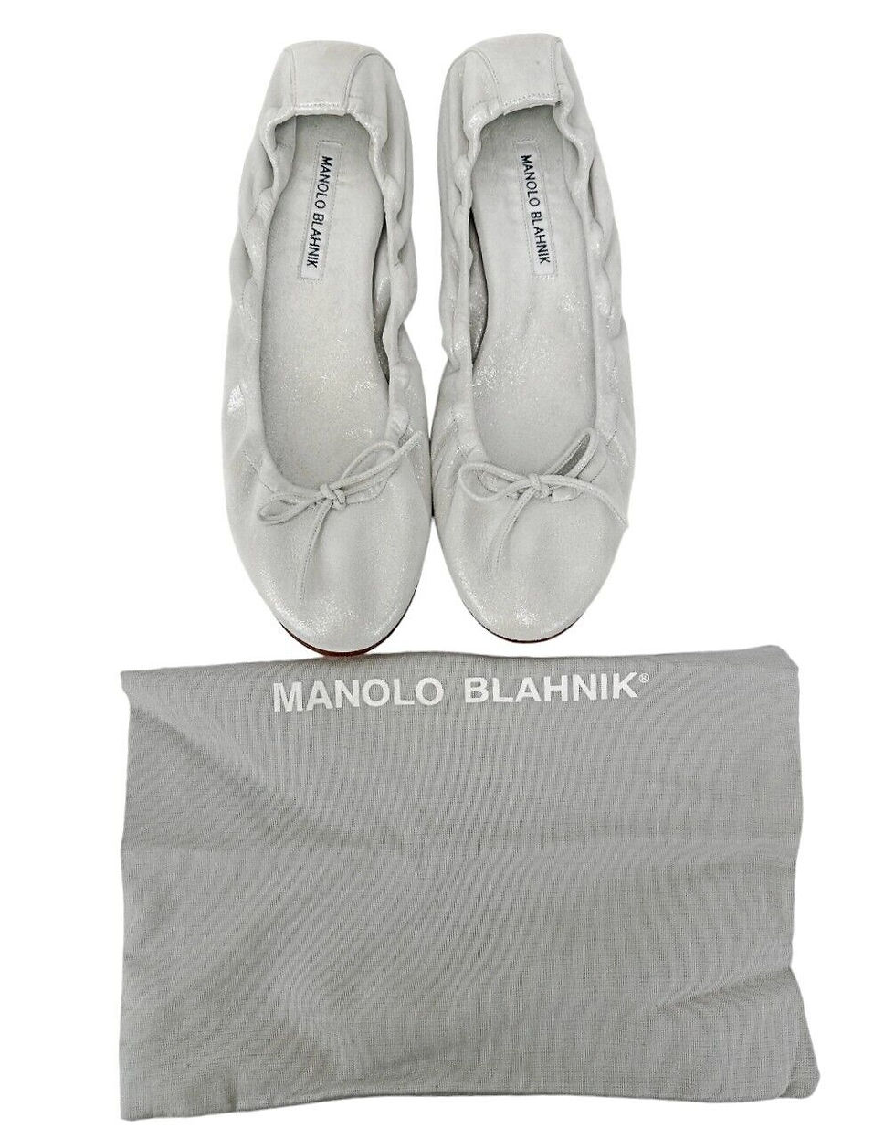Hình thu nhỏ: MANOLO BLAHNIK Tobaly 10.5 Suede Ballet Flats 40.5 Silver Glitter Bow Padded NEW