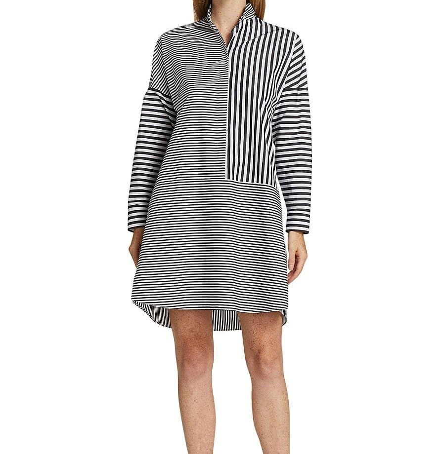 縮圖：AKRIS PUNTO White Black Striped Cotton Kimono Poplin Shirt Dress 12 Large