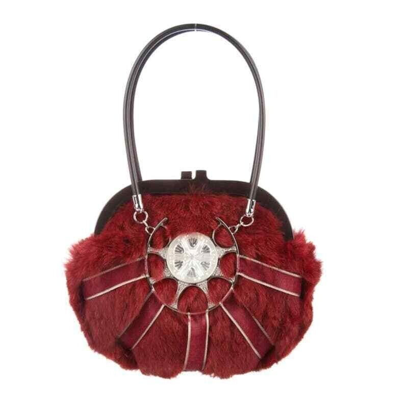Hình thu nhỏ: LALIQUE Rabbit Fur Evening Handbag Small Red Crystal Embellished Ribbon VINTAGE