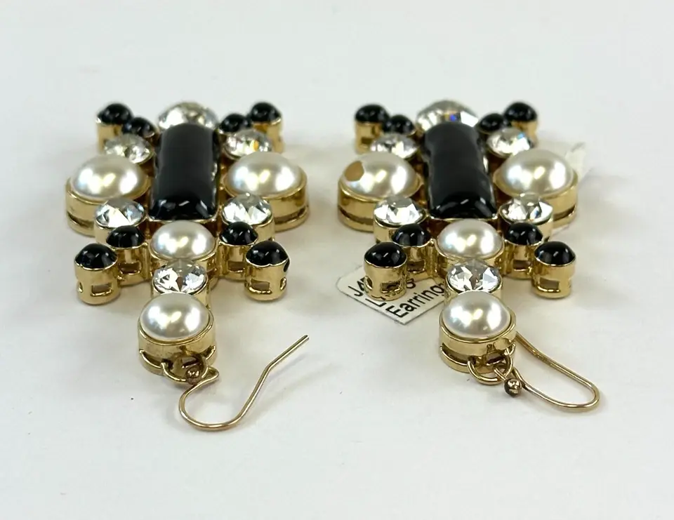 Hình thu nhỏ: ST. JOHN Rhinestone Pearl Dangling Drop Earrings Black 22K Gold Plated Fish Hook