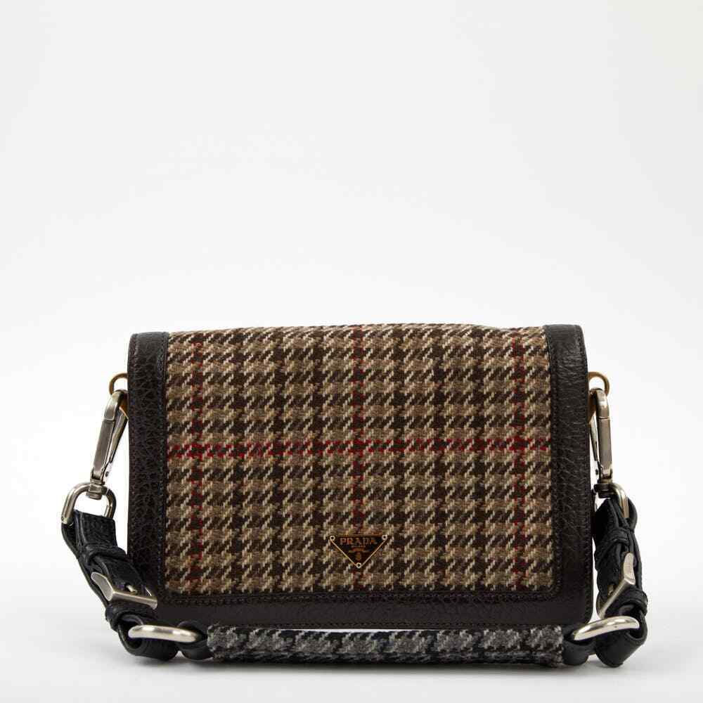 PRADA Brown Multi Wool Houndstooth Print Leather Trim Shoulder Bag