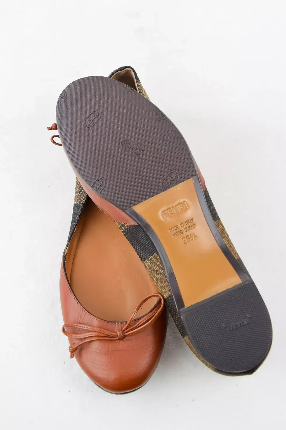 Hình thu nhỏ: FENDI Pequin Leather Canvas Ballet Flats 36.5 6.5 Brown Striped Bow