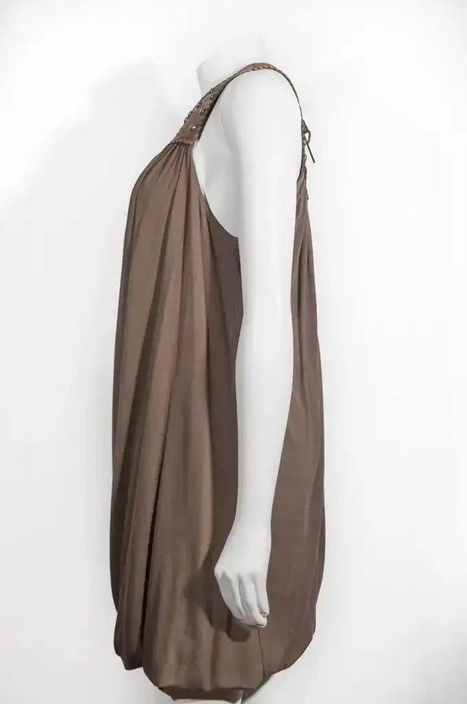 Hình thu nhỏ: RALPH LAUREN Calf Leather Silk Tent Bubble Dress Medium Brown Western Studded M