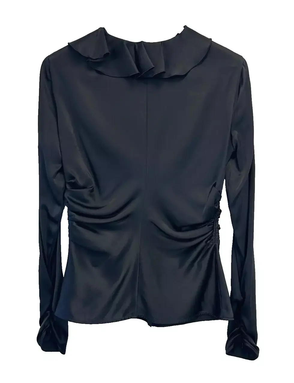 Hình thu nhỏ: ARMANI Collezioni Silk Button Up Blouse 4 Black Ruffled Scoop Neck Ruched Sides