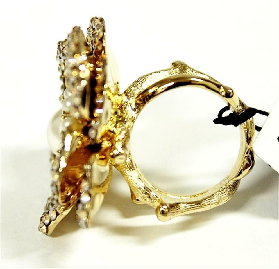 Hình thu nhỏ: JUDITH LEIBER Gold Flora Pave Crystal Pearl Flower Ring 7
