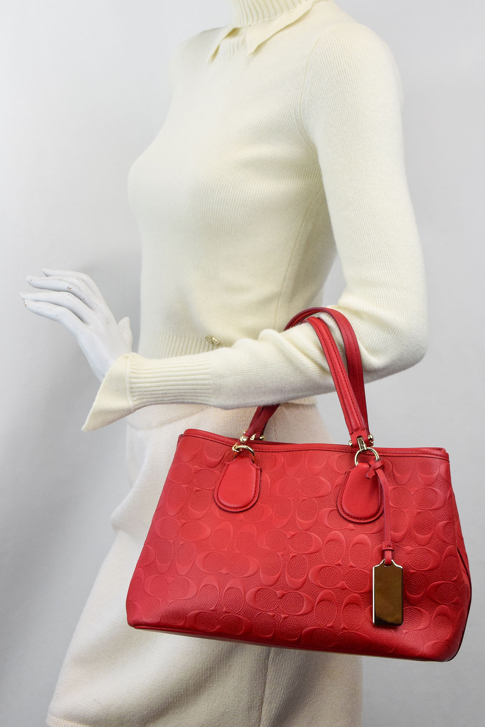 縮圖：COACH Kitt Carryall In C Logo Embossed Leather Satchel Crossbody Small Red