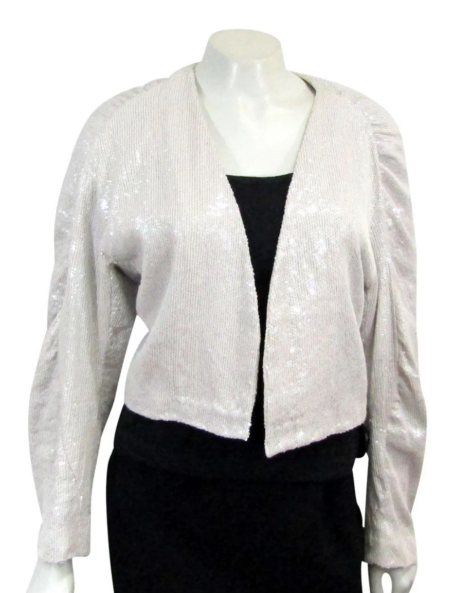 Miniatura: DRIES VAN NOTEN Iridescent Sequin Silk Open Front Cropped Jacket Large L Silver