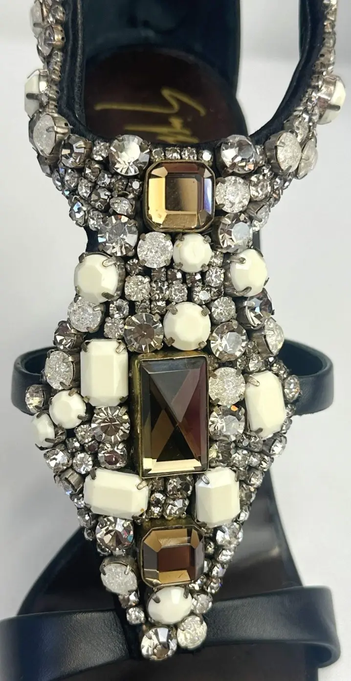 Hình thu nhỏ: GIUSEPPE ZANOTTI Taz Sandals Heels 37.5 Black Rhinestone Embellished 7.5