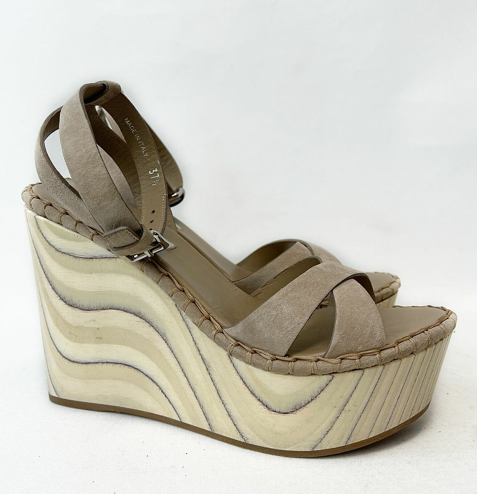 Miniatura: MIU MIU Taupe Grey Wood Wedge Sandals 37.5 Platforms 7.5 Cross-Over