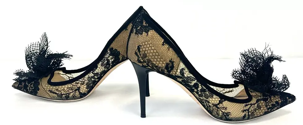 Thumbnail: JIMMY CHOO Duchess Lace Suede Pumps 36 Black Beige Flower Pointed Toe 6 US