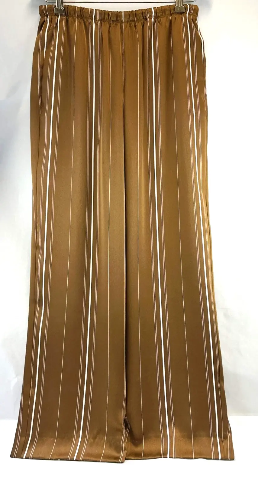 Thumbnail: NWT VINCE Multi Stripe Satin Straight Pants Small Nile Brown Elastic Pull On S 4