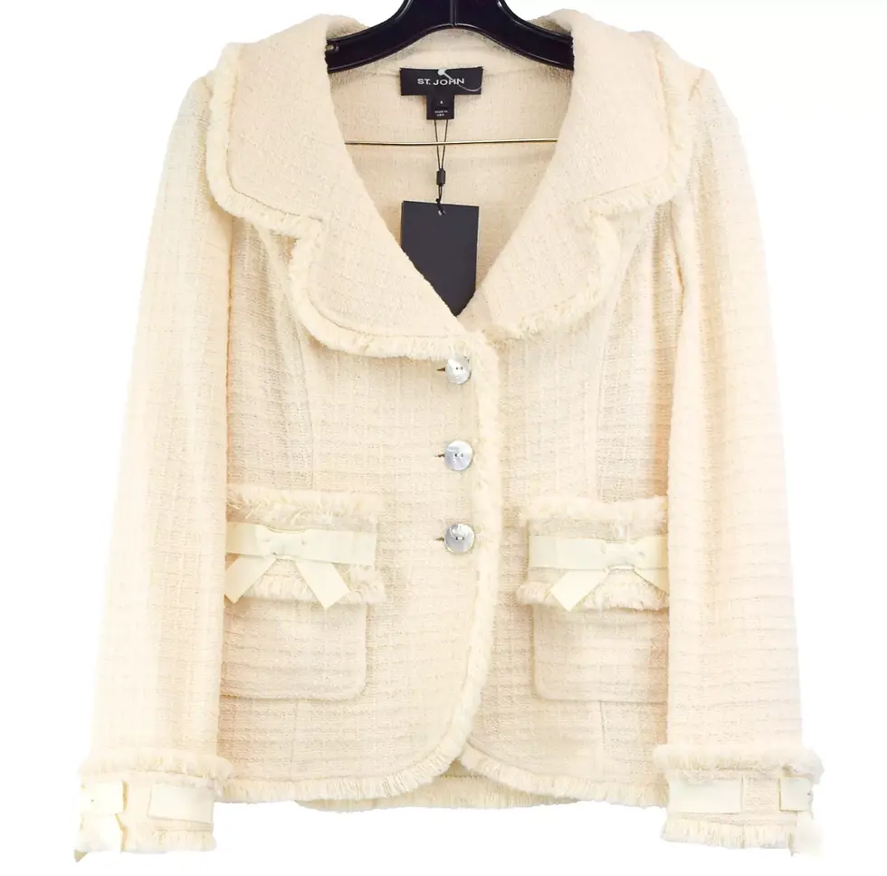 Thumbnail: ST. JOHN Tweed Knit Two Pieces Jacket Pant Suit 4 Vanilla Bow Fringe Santana