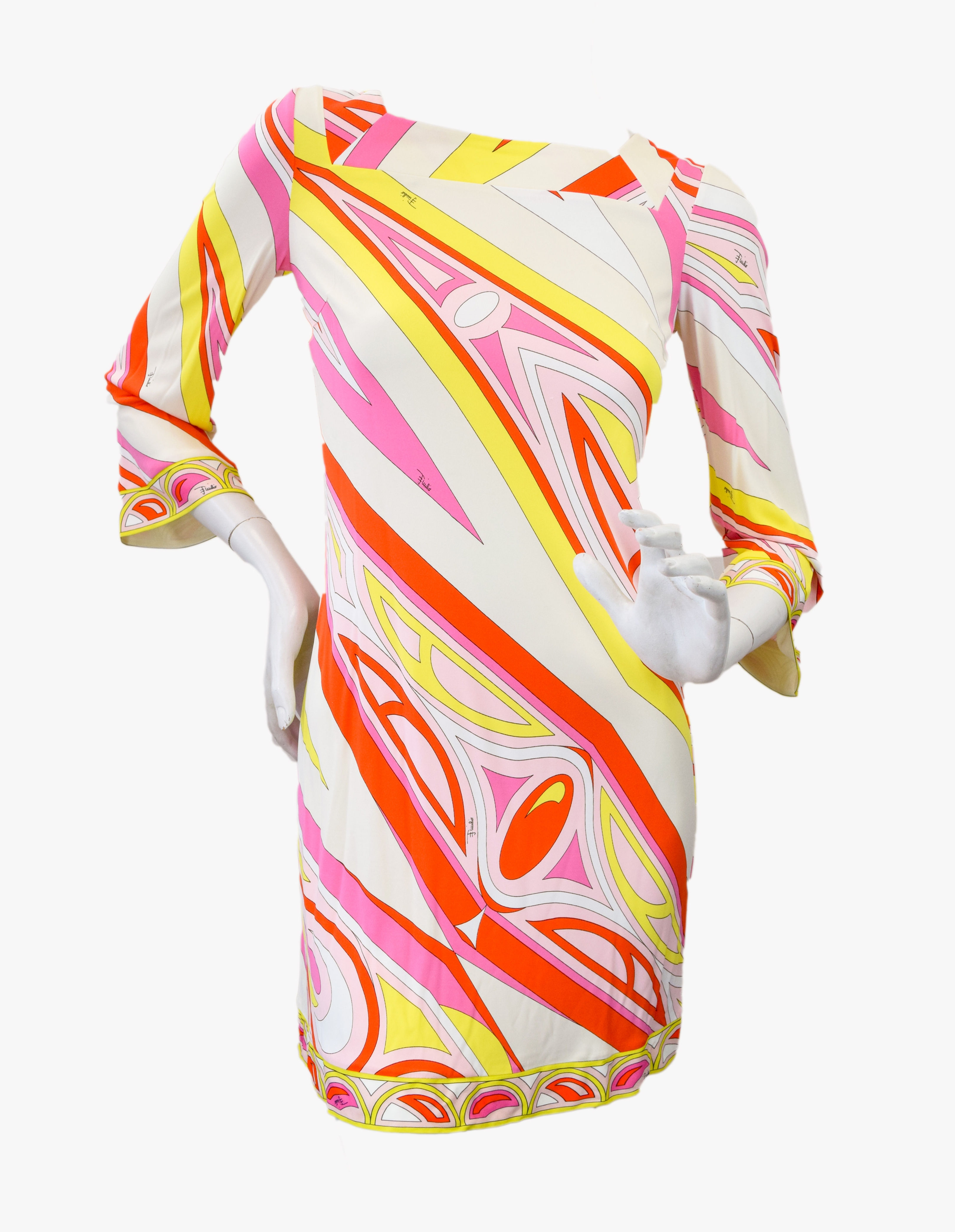 EMILIO PUCCI Jersey Dress 42 8 Multicolor Printed Square Neckline 3/4 Sleeve