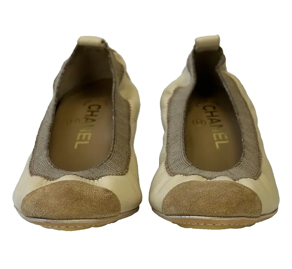 Thumbnail: CHANEL Leather Suede Ballet Pumps 35.5 5.5 US Beige Cap Toe Elastic Chunky Heel
