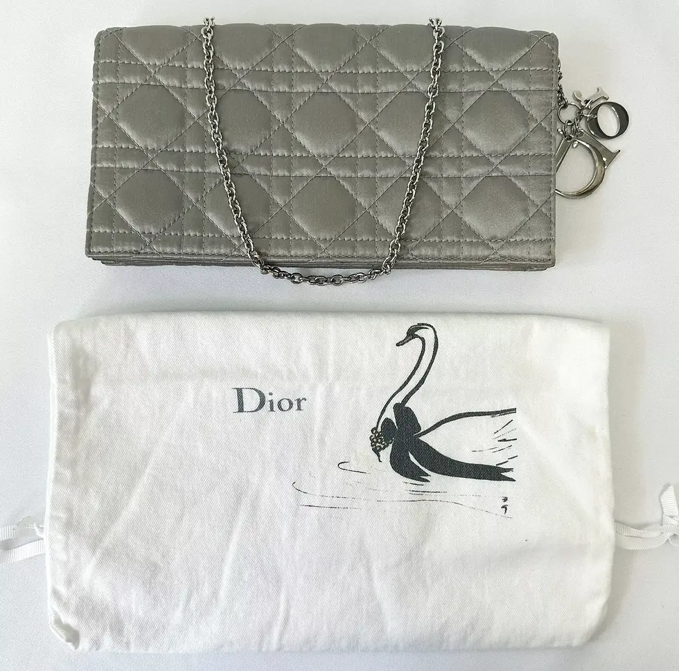 Miniatura: CHRISTIAN DIOR Lady Dior Satin Cannage Pouch Clutch Small Gray Silver Charm