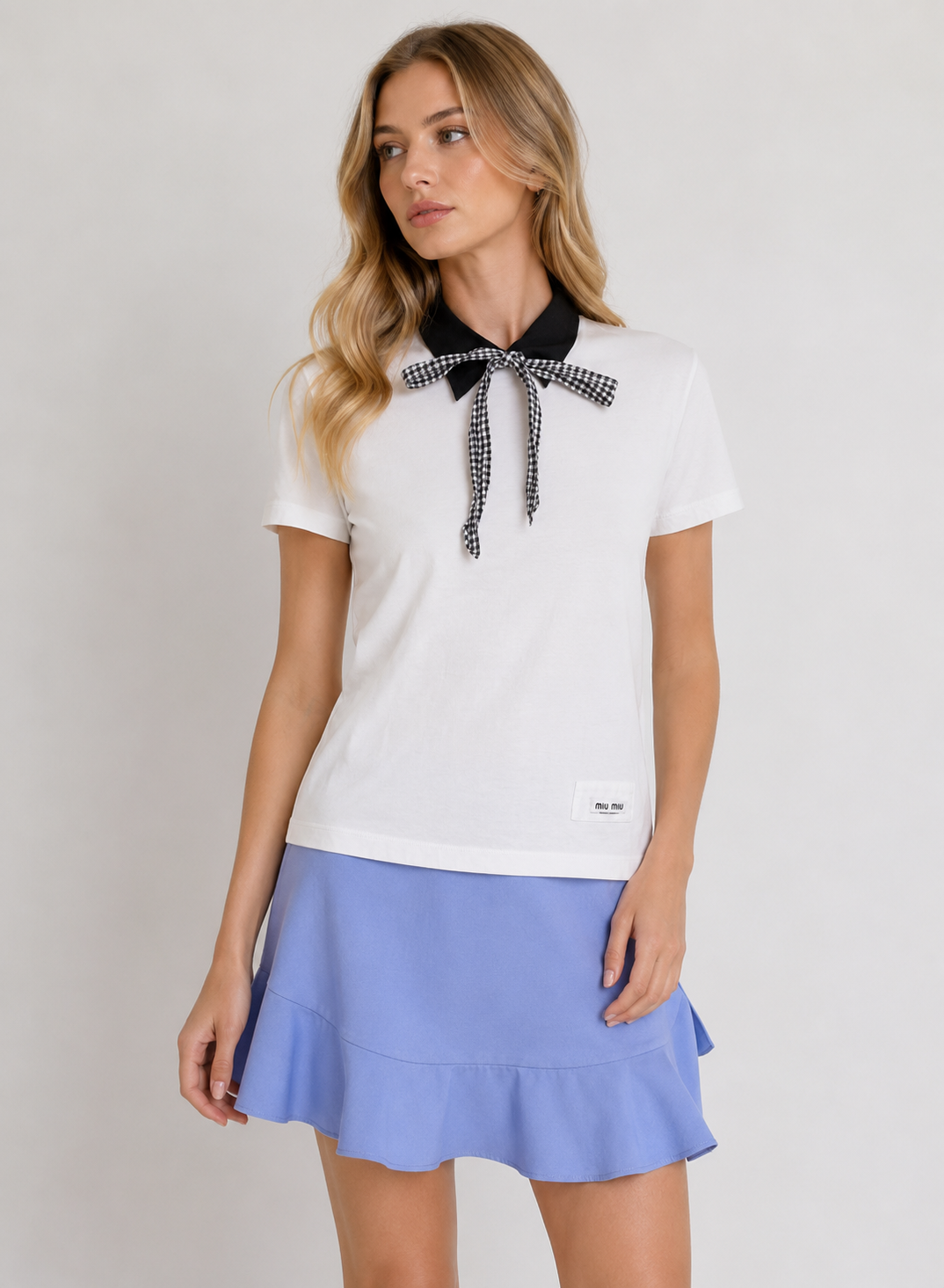 MIU MIU Cotton Collared Top XS White Short Sleeves Removable Gingham Bow