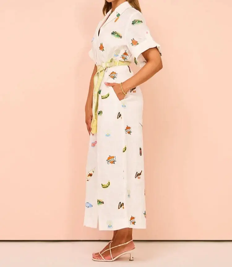 Thumbnail: ALEMAIS Blue Marlin Linen Embroidered Midi Dress US 8 Cream Fish Embroidery