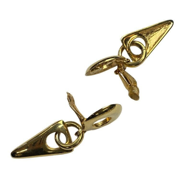 縮圖：Vintage ST JOHN 1980s Gold Triangle Signed Dangle Clip On Earrings 22KGP Large