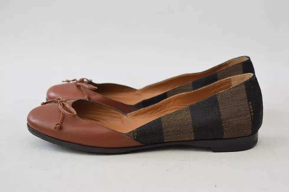 Hình thu nhỏ: FENDI Pequin Leather Canvas Ballet Flats 36.5 6.5 Brown Striped Bow