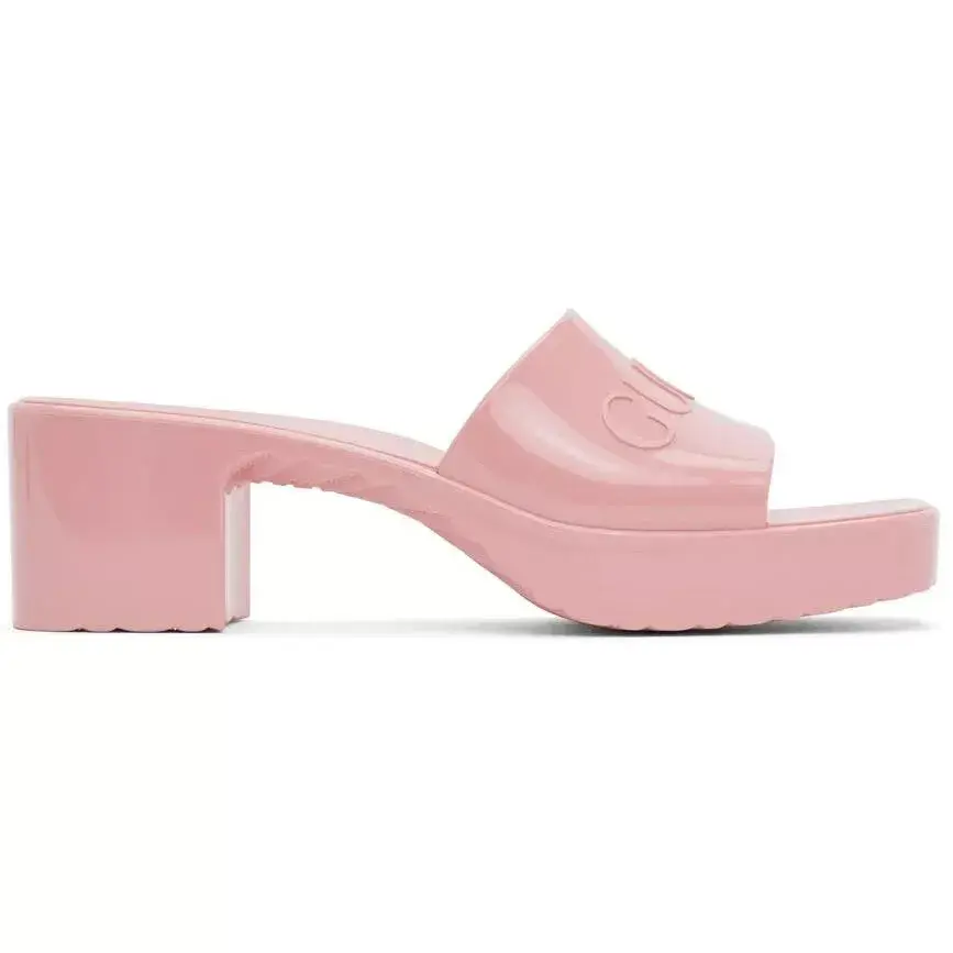 縮圖：GUCCI Block Heel Platform Logo Slide Sandals Pink Rubber Slip On 37 US 7