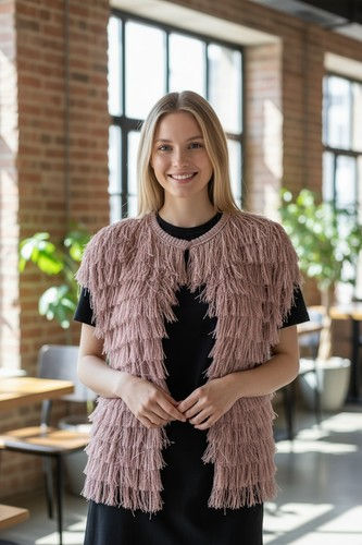 NWT BRUNELLO CUCINELLI Blush Pink Crew Neck Fringe Sleeveless Jacket L 8 Vest