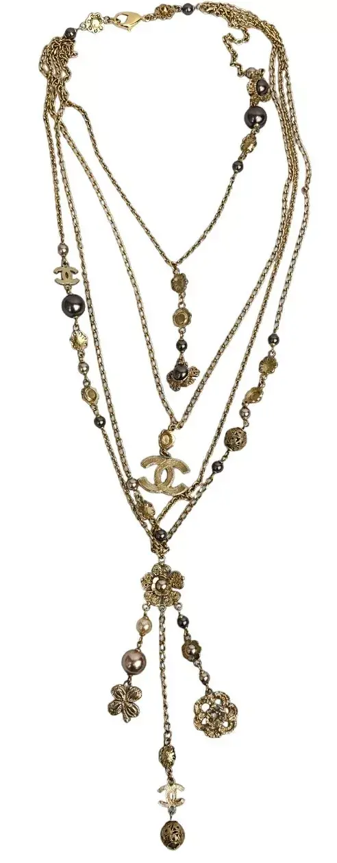 Hình thu nhỏ: CHANEL Vintage Chain Stacked Necklace Gold Multi Charms CC Logo 2006 RARE