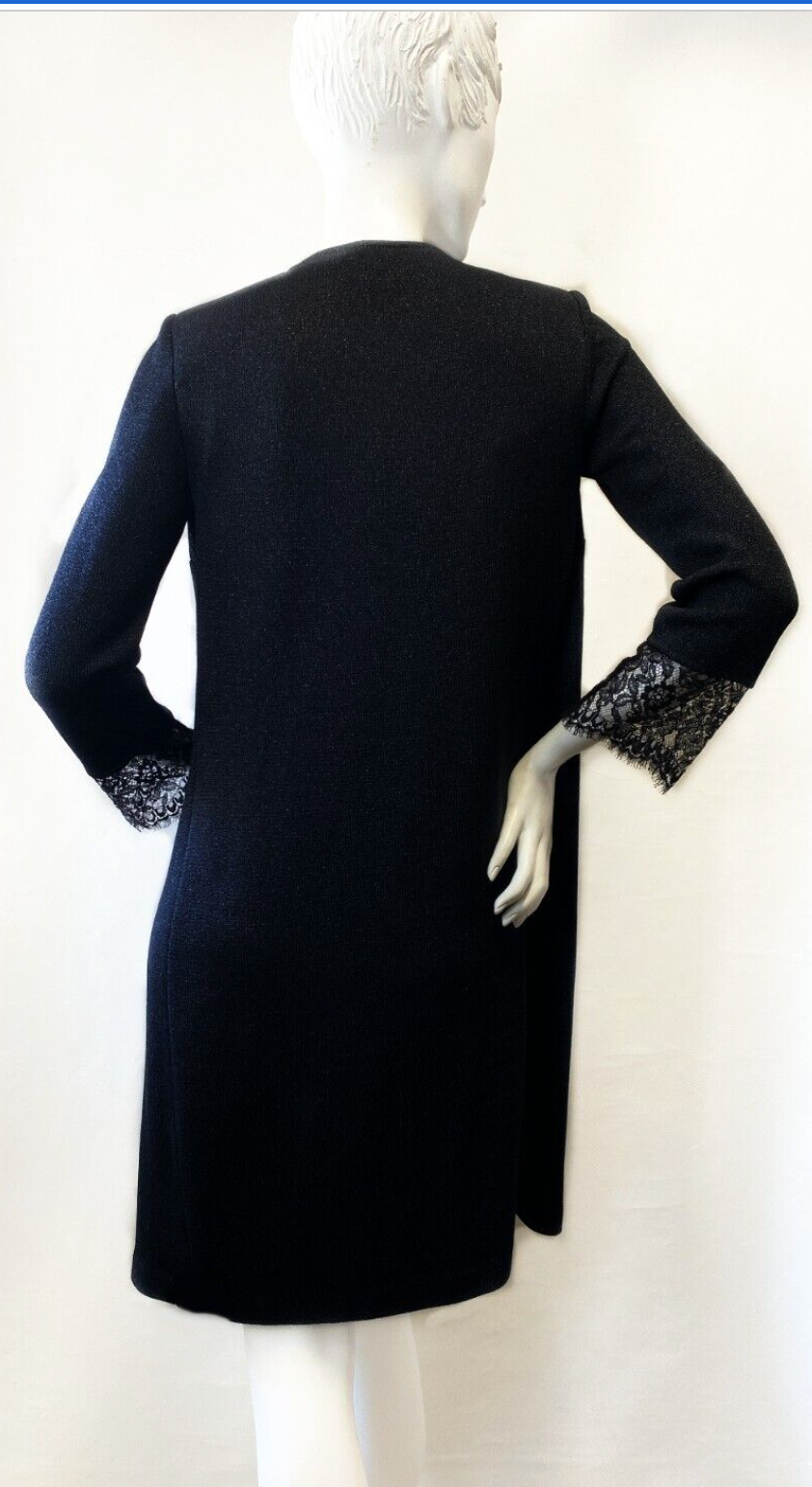 Thumbnail: NWOT ST JOHN EVENING Knit Metallic Shimmer Black Long Jacket Lace Trim Petite