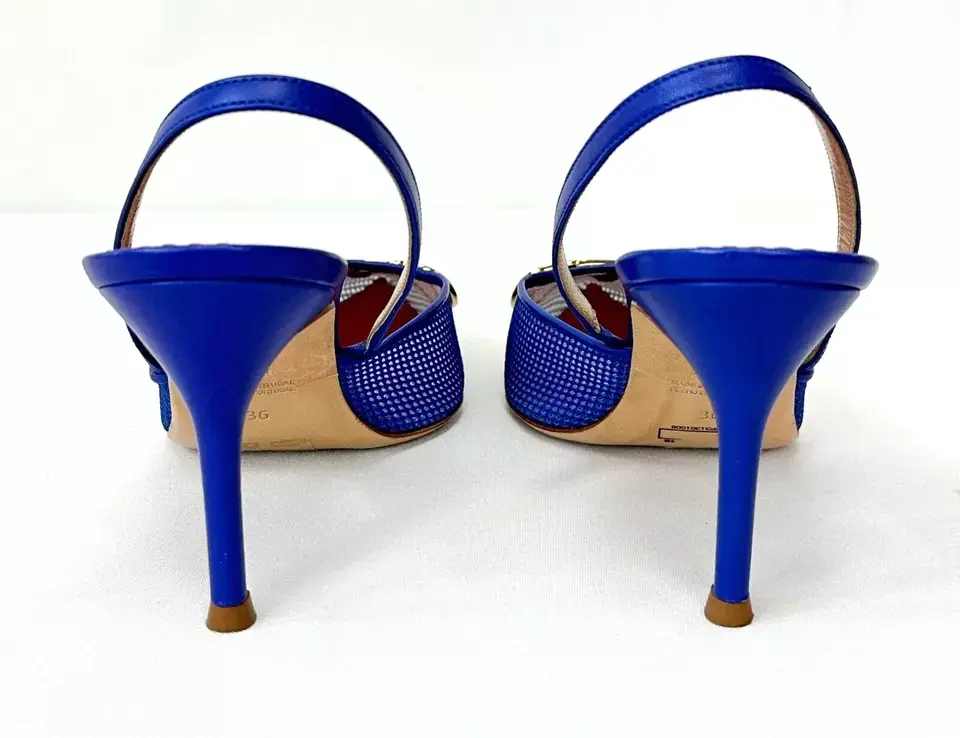 Miniatura: CAROLINA HERRERA Slingback 80 Mesh Pumps 36 5.5 Blue Gold Pointed Logo Initials