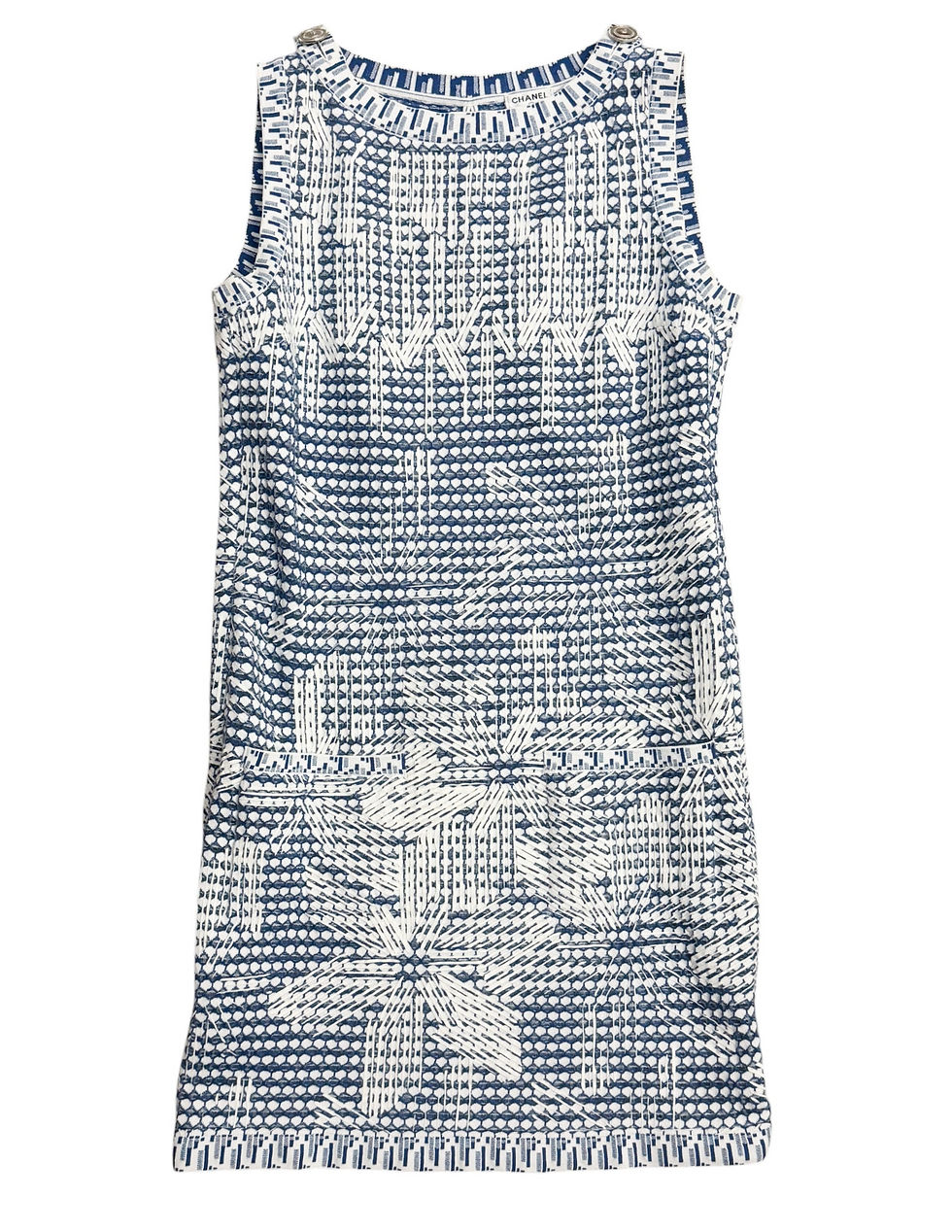 Thumbnail: CHANEL Sheath Dress 4 36 Blue White Textured Knit Bateau Neck Spring 2014