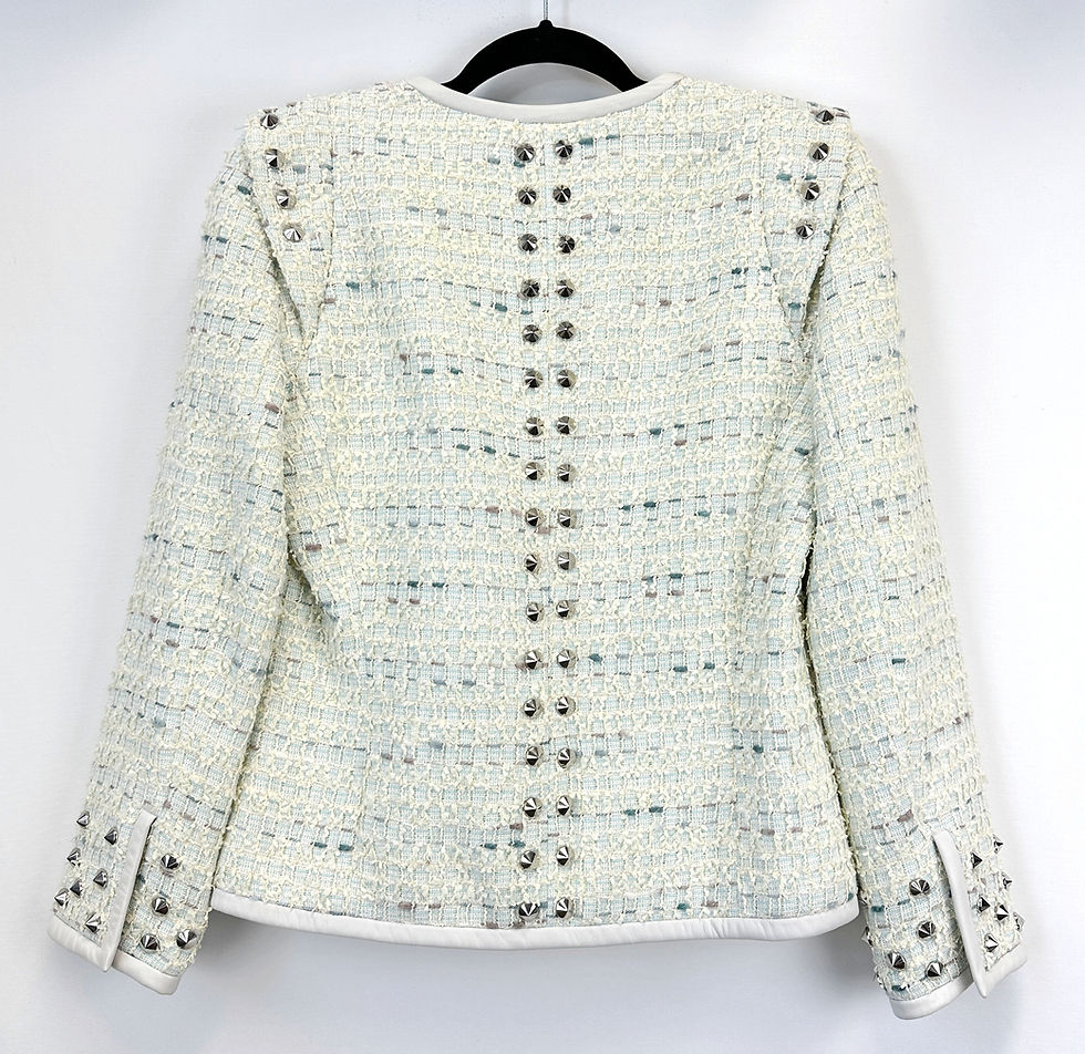 Thumbnail: BARBARA BUI Mint Blue Tweed Leather Trim Studded Cotton Blend Jacket 42 10 M