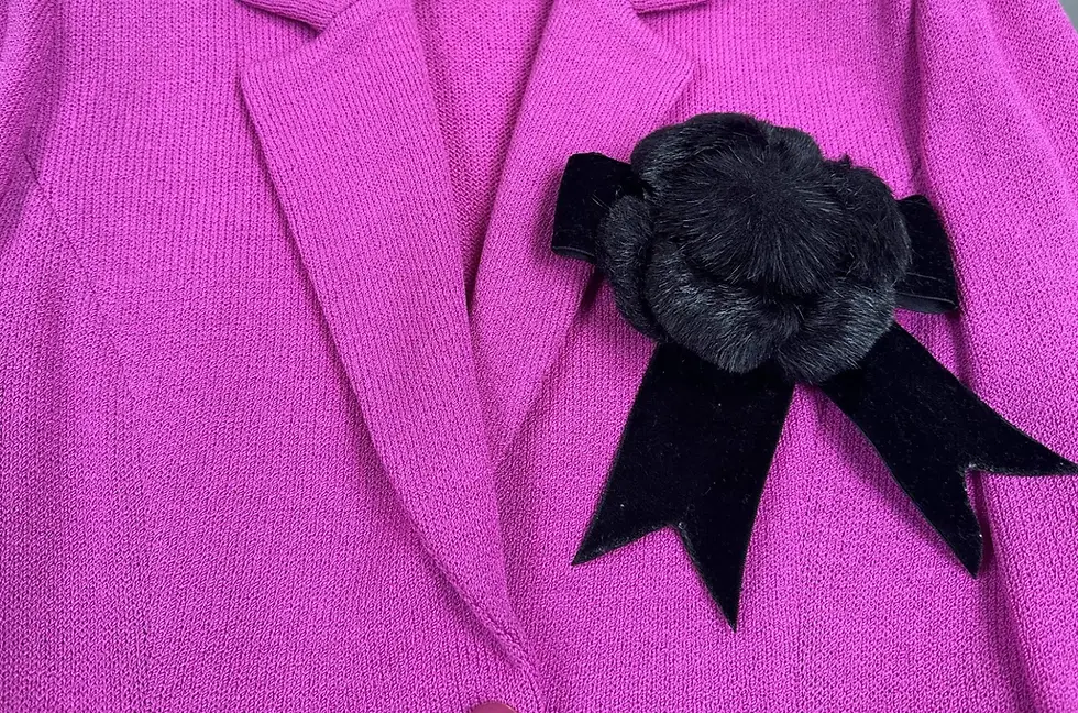 Thumbnail: NEW Vintage ST. JOHN Flower Faux Fur Pin Brooch Black Velvet Bow RARE