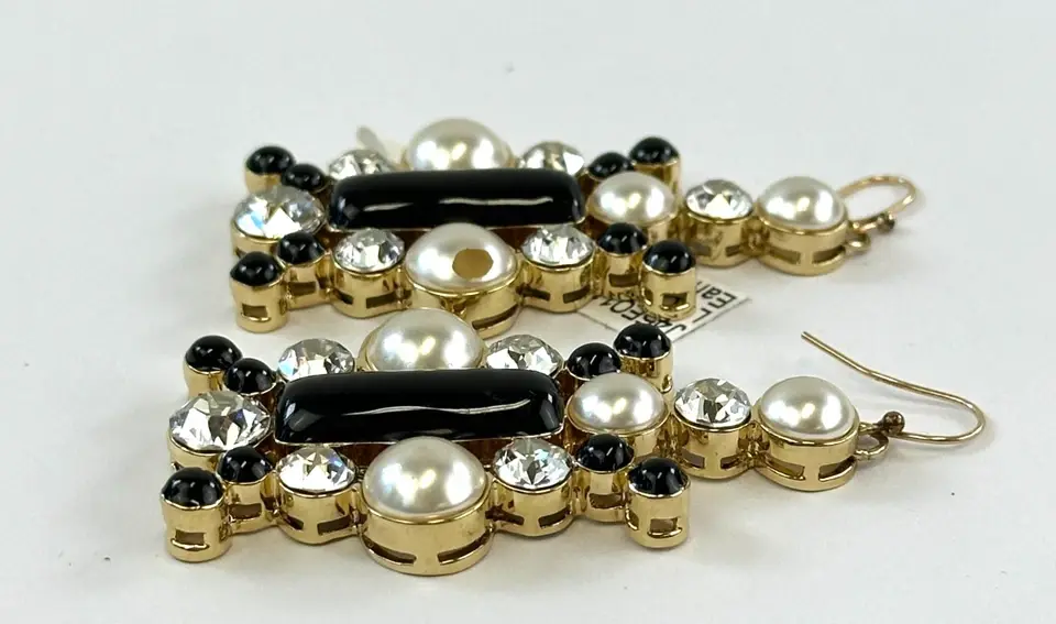 Hình thu nhỏ: ST. JOHN Rhinestone Pearl Dangling Drop Earrings Black 22K Gold Plated Fish Hook