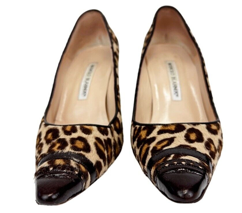 Thumbnail: MANOLO BLAHNIK Pony Hair Pumps 37 7 Brown Leopard Print Kitten Heels Shoes M
