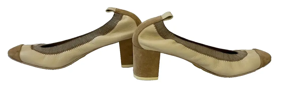 Thumbnail: CHANEL Leather Suede Ballet Pumps 35.5 5.5 US Beige Cap Toe Elastic Chunky Heel