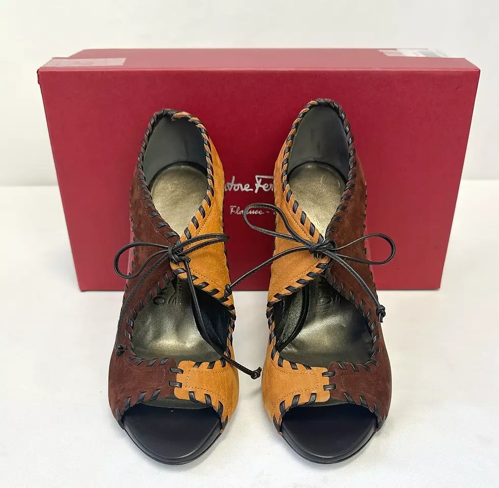 Miniatura: SALVATORE FERRAGAMO Felina Suede Leather Patchwork Heels 7.5 Brown Red Tan