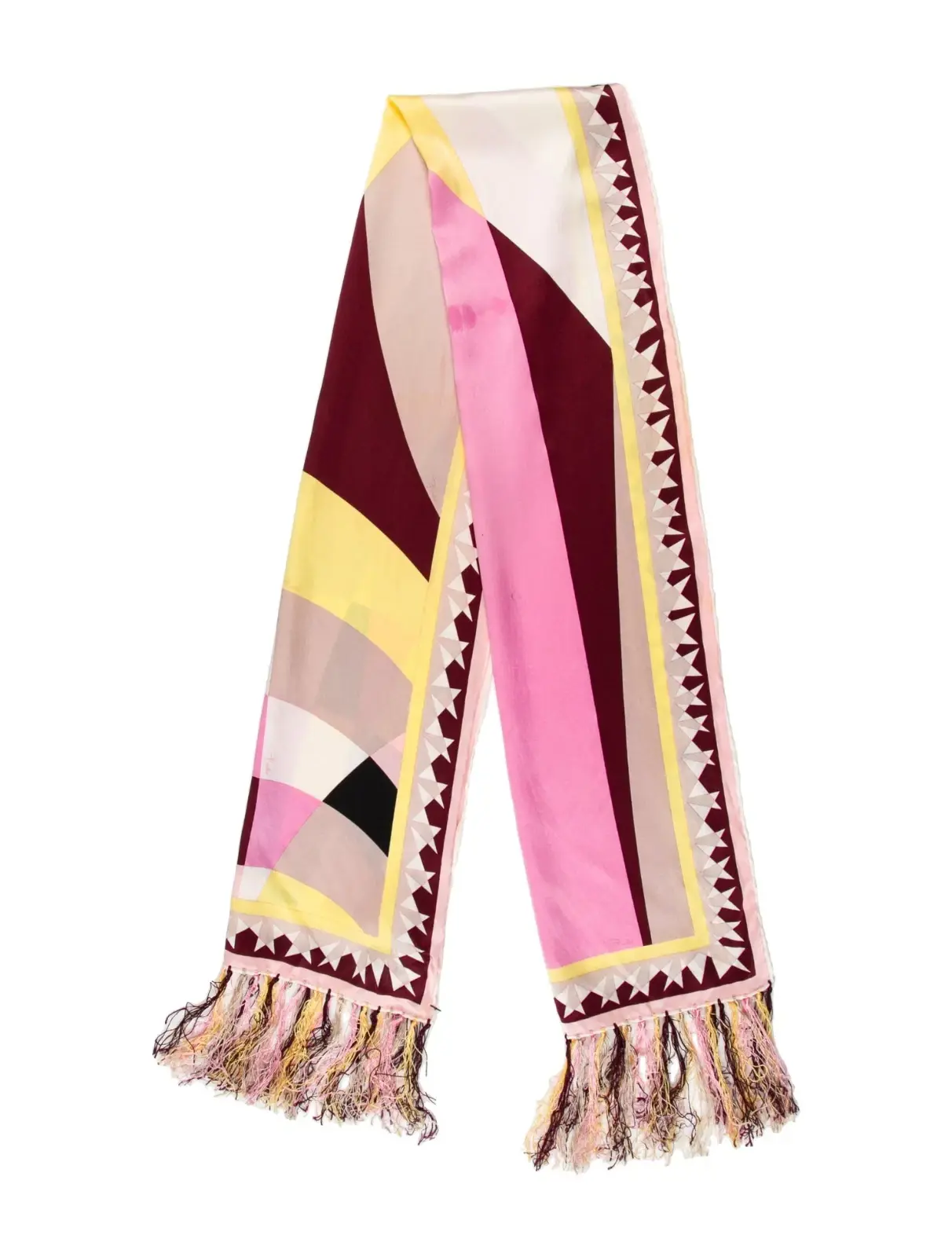 NWT EMILIO PUCCI Silk Rectangular Scarf Pink Multicolor Geometric Fringe Trim