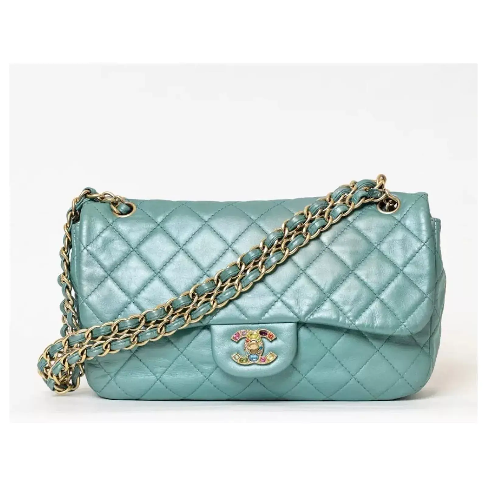 CHANEL Quilted Leather Single Flap Shoulder Bag S Iridescent Turquoise Crystal